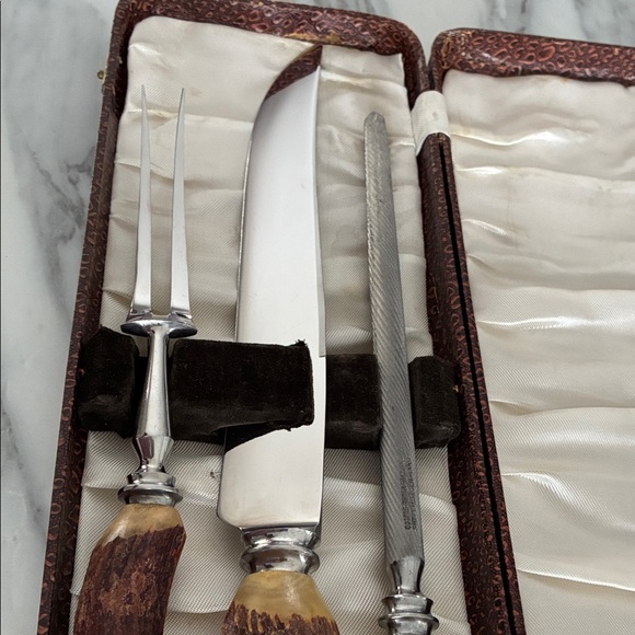 Vintage Cooper Bros & Sons Sheffield England Stag Antler Handle Carving Set; 3pc - Picture 9 of 15